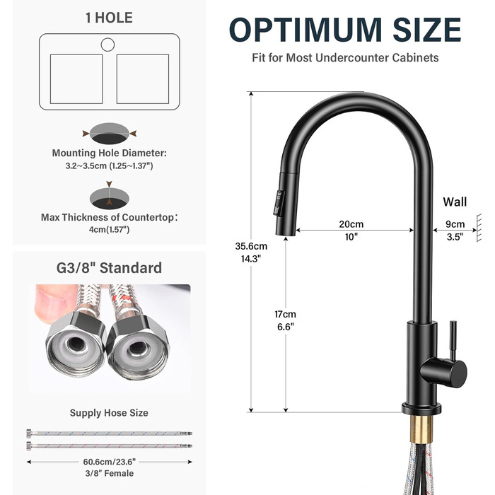 Чорний кухонний змішувач з висувною лійкою, 360° поворот, нержавіюча сталь, гаряча/холодна вода, G3/8'', 2 режими струменя