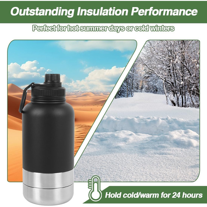 Водяна пляшка для собак на прогулянці, 950 мл, з мисками для води та їжі, ізольована сталева термопляшка, для подорожей, активного відпочинку