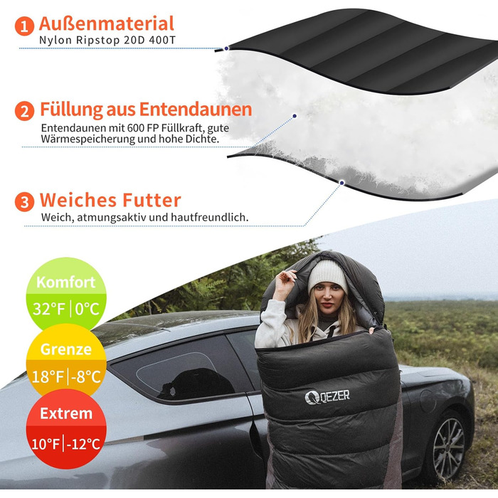 Сплячий мішок пуховий зимовий, 600FP+ преміум пух, 12°C до -24°C, легкий та теплий для 3-4 сезонів, кемпінг, походи та трекінг, чорний