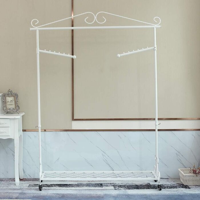 Clothes Rack, Garment Rod, Coat Rack with Shoe Storage, Width 136cm, Vintage Style Metal, Height Adjustable from 126 to 200 cm (White with Wheels)