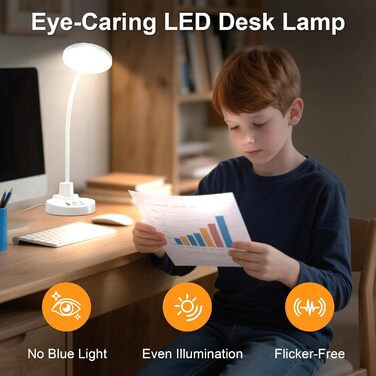 LED настільна лампа 15W з USB-A та USB-C – диммування, 3 колірні температури, 5 рівнів яскравості, таймер, гнусий 360° шийка, захист очей, для офісу та спальні (біла, 12 см)