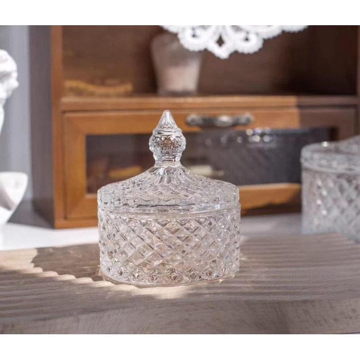 ANVALI Sugar Bowl/Pot, Salt Seasoning Container, Spice Jar, Glass Sweet Jars with Lid, Dome Shape Sugar Bowl Crystal Effect Glass Candy Jar Sweet Jars for Wedding Candy Buffet (Small: 14.5x8.5cm)