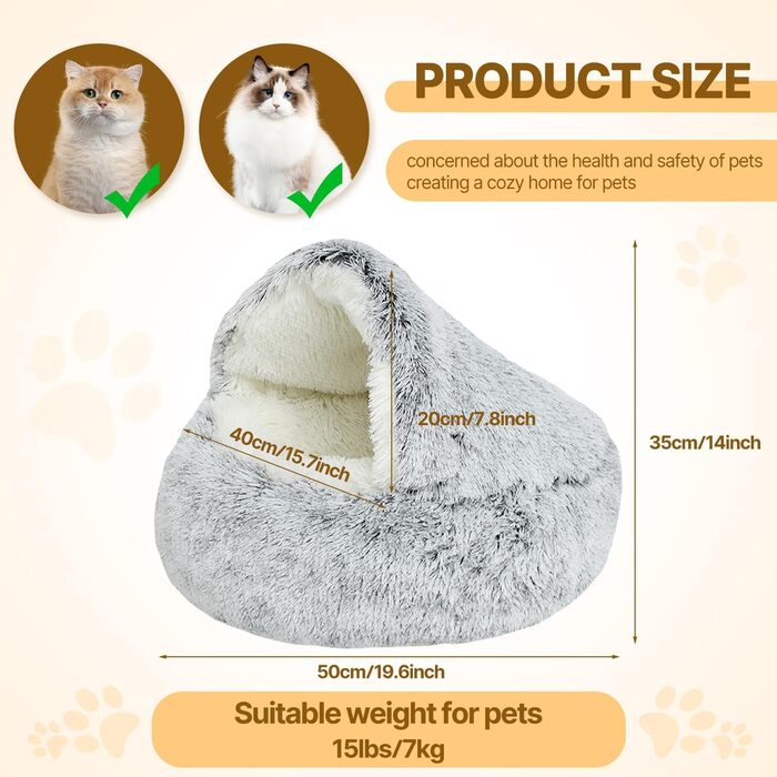 YAGE Soothing Cat Bed, Fluffy Plush Kitten Bed, Washable Anti-Anxiety Puppy Bed, Pet Bed for Small Dogs Soft Warm Donut Cat Sleeping Bag. No.: 015002802-0001(M-50cm)