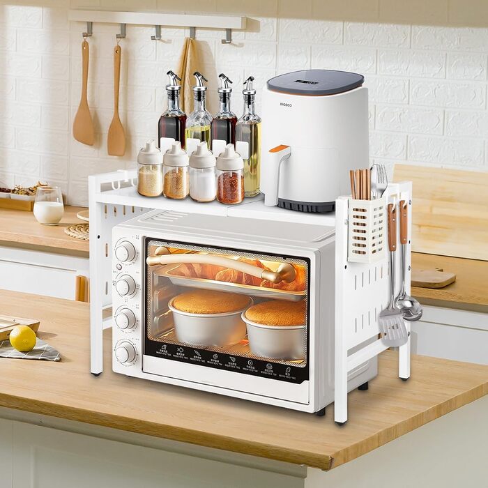 Поличка для мікрохвильової печі 3-ярусна з гачками, розширювана, висувна, 40-64 см, з вуглецевої сталі (біла з перфорованим листком, 42-68*36*46 см)