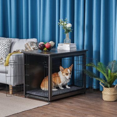 Клітка для собак DWANTON з подушкою, середнього розміру, з дерева, з подвійними дверцятами, клітка для собак, внутрішнє використання, хатинка для собак, приліжкова тумбочка, 82,5 см, темно-сірий