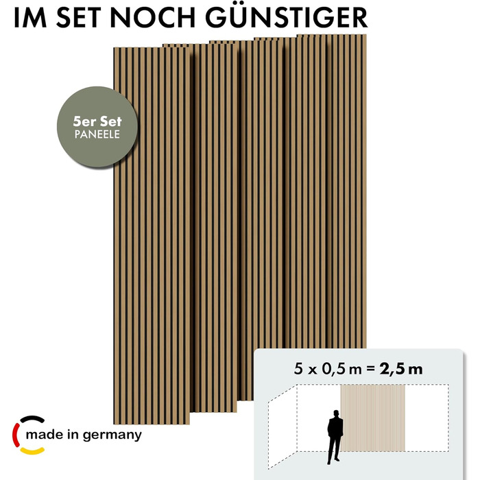 Акустичні настінні панелі Momento з натурального дуба 240x50 см (5 шт), ламелі для шумоізоляції, колір дуб натуральний, чорний фетр, Made in Germany