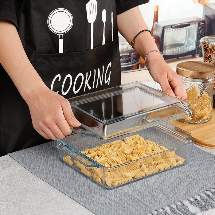 Прямокутна форма для запікання з кришкою, 2L, 24x20x6 см, скляна форма для лазаньї на 2 порції, для мікрохвильової печі та духовки