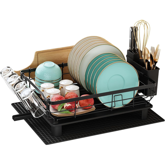 Сушарка для посуду MAJALiS з піддоном та килимком, 2-рівнева, з тримачем для столових приборів, поворотним виливом, чорна