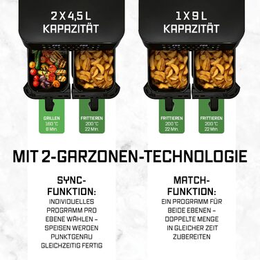 Фритюрниця повітряна GOURMETmaxx з 2 камерами, 10 літрів, 4 рівні, сенсорне скло, економія місця, чорний колір