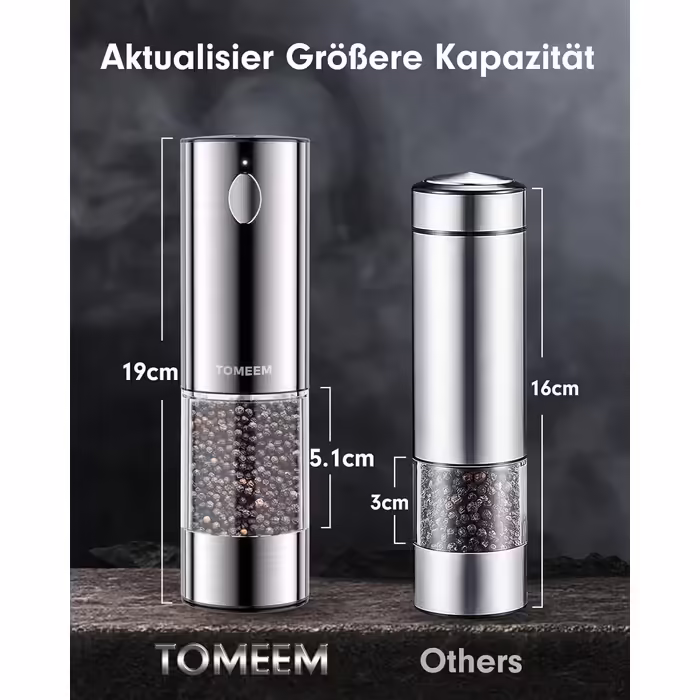 Electric Salt and Pepper Grinder Set of 2 with Stainless Steel Adjustable Ceramic Grinder, USB Rechargeable Salt and Pepper Mill, Electric Spice Grinder, LED Lighting, with Brush, Wooden Spoon