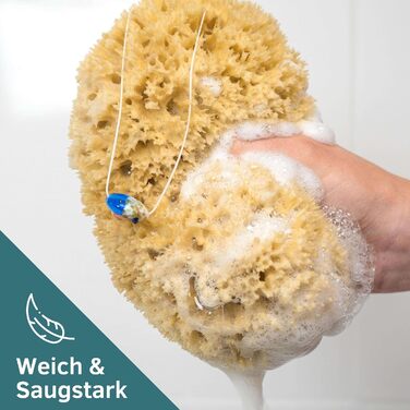 tom&pat Natural Sponge with Cord & Glass Charm - Dermatest: Very Good, Unbleached Bath Sponge Shower Sponge Body, Exfoliating Sponge from Greece, Premium Quality (17-18 cm)