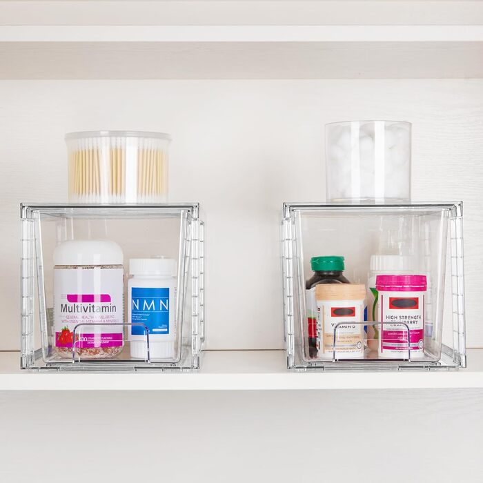 Vtopmart 4 Pack Stackable Storage Drawers, Clear Acrylic Drawer Organizers with Handles, Storage Organizer for Refrigerator, Bathroom, Closet, Pantry (4 Pack Middle)