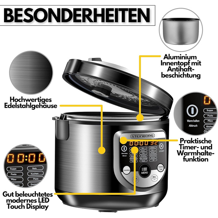 18-in-1 Multi Cooker Slow Cooker | 900 Watts | 5 Liters | Rice Cooker | Steamer | Food Warmer | Sauté Pan | Yogurt Maker | Multi Cooker | Pressure Cooker | Hot Cooker | Cooker