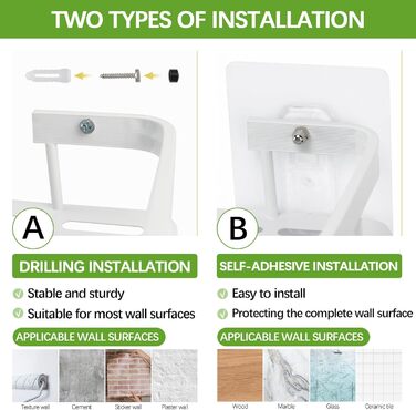 Дзеркальна поличка для душу без свердління, 2 шт. Біла, з нержавіючої сталі, з 4 гачками та 8 клейких поверхонь. Підходить для ванної кімнати та кухні.
