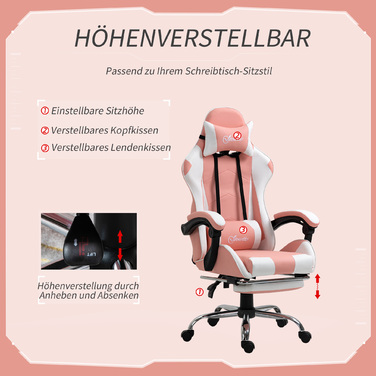 Vinsetto Gaming Chair, Computer Chair, Ergonomic Office Chair with Headrest and Lumbar Pillow, Height Adjustable, 360° Swivel, Pink+White | Aosom