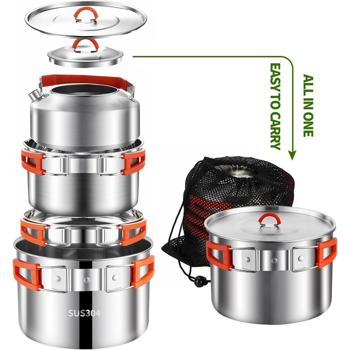 Набір кухонного посуду для кемпінгу з нержавіючої сталі 304, для 2-4 особи, похідний посуд для кемпінгу, пікніків та відпочинку на природі