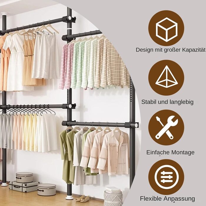 Телескопічна система для гардеробу, штанга для одягу з 6 штангами, телескопічний шафа для одягу з 2 гачками, регульована полиця 110-300 см, для дому та магазину одягу, білий (чорний)