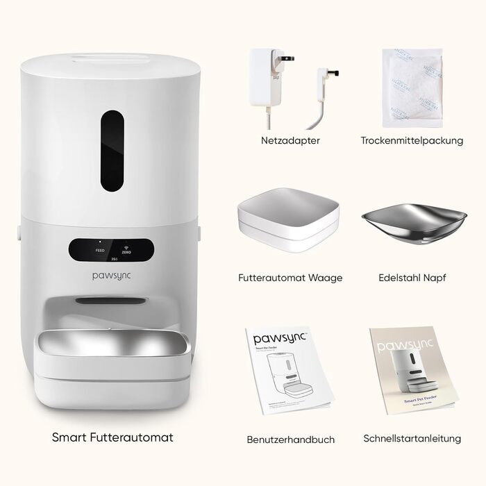 Автомат годування для тварин Pawsync Smart: 3 шт., індикатор зміни кольору, сухий корм, свіжість до 3 місяців, сповіщення через додаток, білий та сірий
