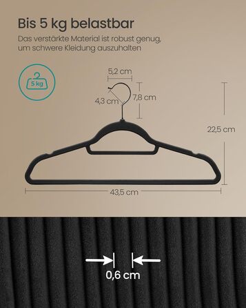 Плечики SONGMICS для одягу, 50 шт., велюрові, антиковзаючі, для краваток, 360° обертання, 0,6 см, економія місця, 43,5 см, для пальто, штанів, срібно-білі