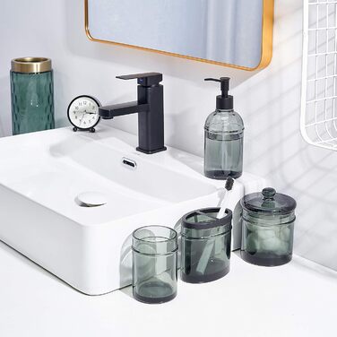 4-piece glass bathroom accessory set with decorative pressed pattern, including soap dispenser, tumbler, soap dish, and toothbrush holder, Blue-Green (Gray)