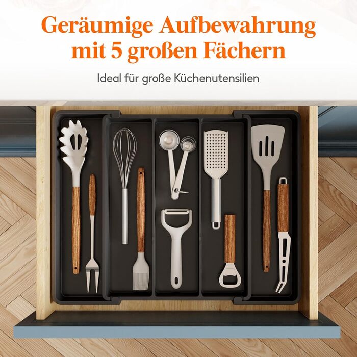 Органайзер для столових приборів Lifewit в шухляду, розширюваний 38-57 см, чорний, пластик, 28-44.5 x 35 x 4 см