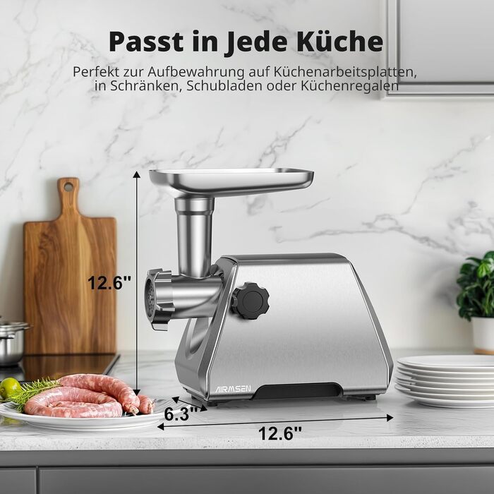 М'ясорубка електрична AIRMSEN з насадкою для ковбас, 2 сталеві ножі, 3 диски, насадка Kubbe, потужний мотор, нержавіюча сталь