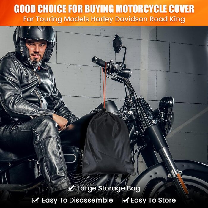 Чохол для мотоцикла Harley Davidson Touring, 3XL, 420D, захист від УФ, дощу та пилу, преміум-якість, чорний-помаранчевий