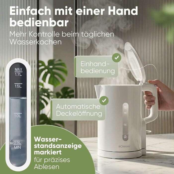 Електричний чайник Bomann WK 6090 CB (1,7л, 2200W, білий) з нержавіючої сталі, BPA Free, з індикатором рівня води та захистом від перегріву