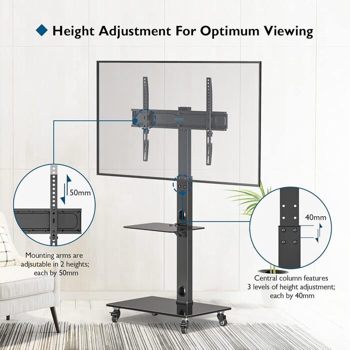 BONTEC Mobile TV Stand with Wheels for 30-70 inch Plasma, LCD, LED TVs - VESA 600x400, Adjustable Height & Glass Shelves