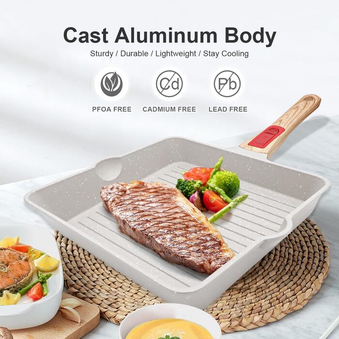 Сковорідка гриль 24x24 см з знімною ручкою, алюмінієва антипригарна сковорода для стейків, підходить для посудомийної машини та духовки (біла) 24 см