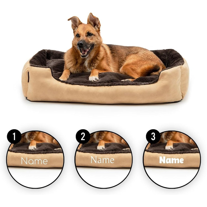 Ліжко для собак Lionto з двостороннім подушкою та неслизьким дном, міцне лежання для собак та котів будь-якого віку, 60x48 см, м'яке собаче ліжко, (Д 90 x Ш 70 x В 20 см (з іменним нанесенням), бежево-коричневе)