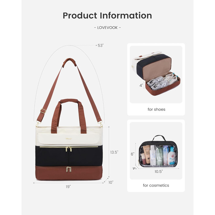 Сумка-валіза LOVEVOOK для жінок, 45л: валіза-рюкзак, сумка для подорожей, спортивна сумка, сумка для вихідної поїздки, клінічна/лікарняна сумка з відділенням для взуття та мокрих речей (чорний+бежевий+коричневий)
