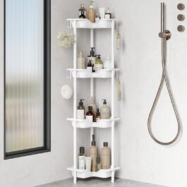 Orimade 4 Piece Shower Shelf Standing Stainless Steel, Shower Storage without Drilling, Corner Shelf with 4 Hooks, Plastic-Metal Construction 25.5 x 25.5 x 103 cm White