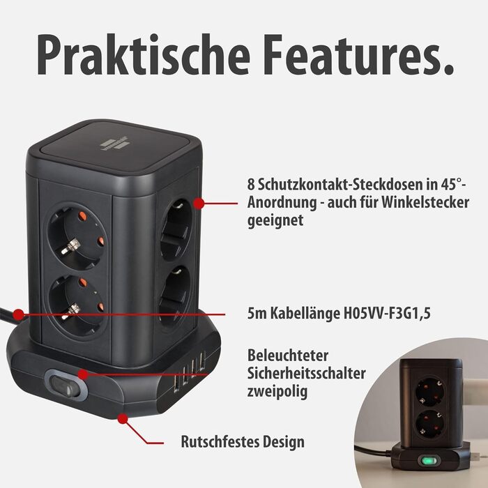 Стеждова тумба Brennenstuhl 8 розеток з USB, чорна (2м кабель)