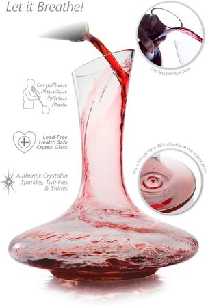 Decanter & Accessories (Cleaning Pearls, Cork Stopper, Trivets & Coasters) - 100% Handmade in Europe Lead-Free Crystal Glass Wine Decanter for Red Wine - Unique Gift Idea