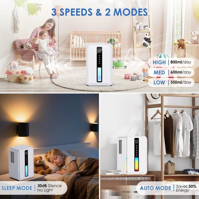 Електричний осушувач повітря 2500 мл з баком для води - Осушувач повітря електричний з трьома швидкостями + два режими, таймер 48H, авто-стоп & анти-заморожування, для спальні та ванної кімнати