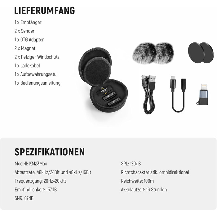 NEEWER Бездротовий петличний мікрофон KM23Max з акумулятором 8 годин, шумозаглушенням та USB-C, сумісний з DJI, Insta360, iPhone, Android, PC