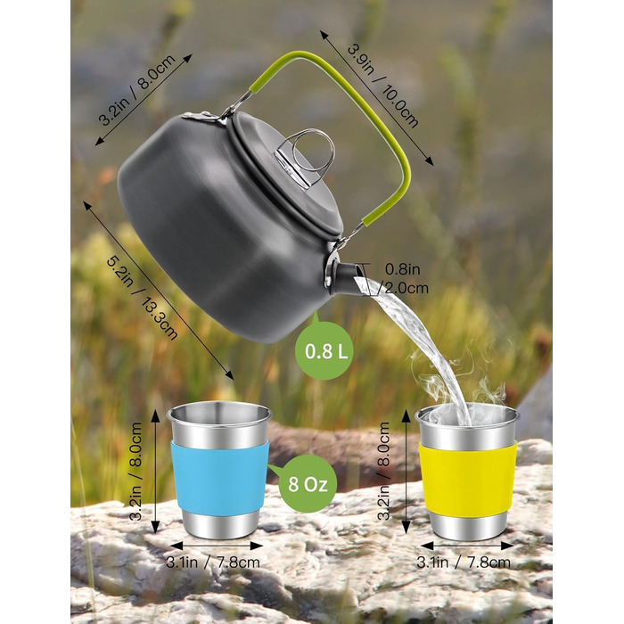 Oushome 16-Piece Camping Cookware Set for 2 People - Portable Cooking Set with Pots, Pans, Kettle, Cups, Plates - Green