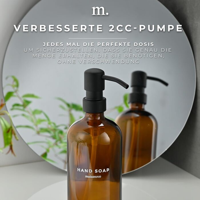 MaisoNovo Soap Dispenser Set - Soap Dispenser for Kitchen - 500 ml Amber Bottles, Black Pumps, Glass Pump Dispensers, Soap Dispenser Set, 2-Piece Set and Concrete Tray - Dish Soap Dispenser Kitchen