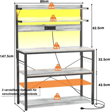 Кухонна полиця-стійка з розеткою, підставка для мікрохвильовки, 5-рівнева кавобар з LED-підсвічуванням, полиця для спецій, каструль та сковорідки (80см, Білий дуб)