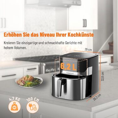 Фритюрниця Noaton з гарячим повітрям 6,2 л, цифровий Air Fryer, 8 програм, 1600 Вт, без олії, регулювання температури 80-200°C, з кулінарною книгою та кухонними щипцями, компактна
