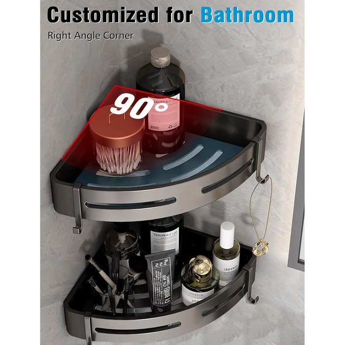 GERUIKE Shower Shelf Shower Basket Bathroom Shelf Shower Shelf Corner Black No Drilling Wall Mount Adhesive Aluminum Matte 2 Piece Shower Gel Shampoo Holder Corner Shelf Corner Shelf for Shower Bathroom Kitchen