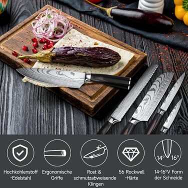 Набір кухонних ножів Gustrug 5 шт. з нержавіючої сталі, ергономічні ручки, професійний набір ножів з кухарським, хлібним, сантоку, універсальним та овочевим ножами, подарункова коробка