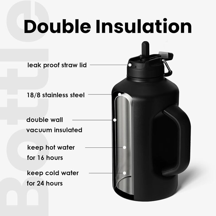 BOTTLE BOTTLE Insulated Water Bottle with Straw and Double Lid, Stainless Steel Sports Water Bottle for Men, with Handle, Vacuum Stainless Steel, for Workout and Sports, 1.8L, Black