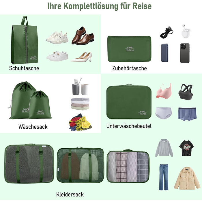 Органайзер для валізи, набір 10 шт. (зелений) - аксесуари для подорожей, кофри, косметичка