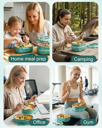 Ланчбокс Lille Home з 2 ярусами, 4 відділення, 1650 мл, з посудом, BPA-free, не протікає (Зелений)