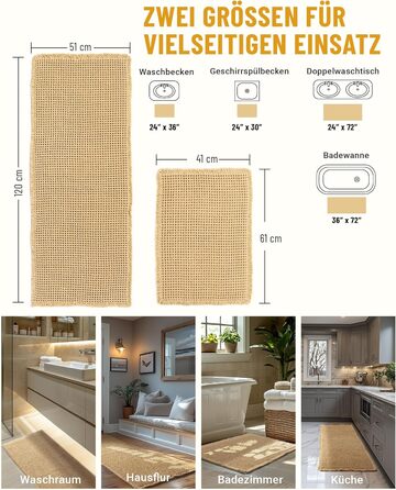 Boho Bathroom Rug Set - Non-Slip Bath Mats (2 Piece) - Washable Shower Rugs for Bathroom, Bedroom, Living Room - 51x120cm + 41x61cm Brown