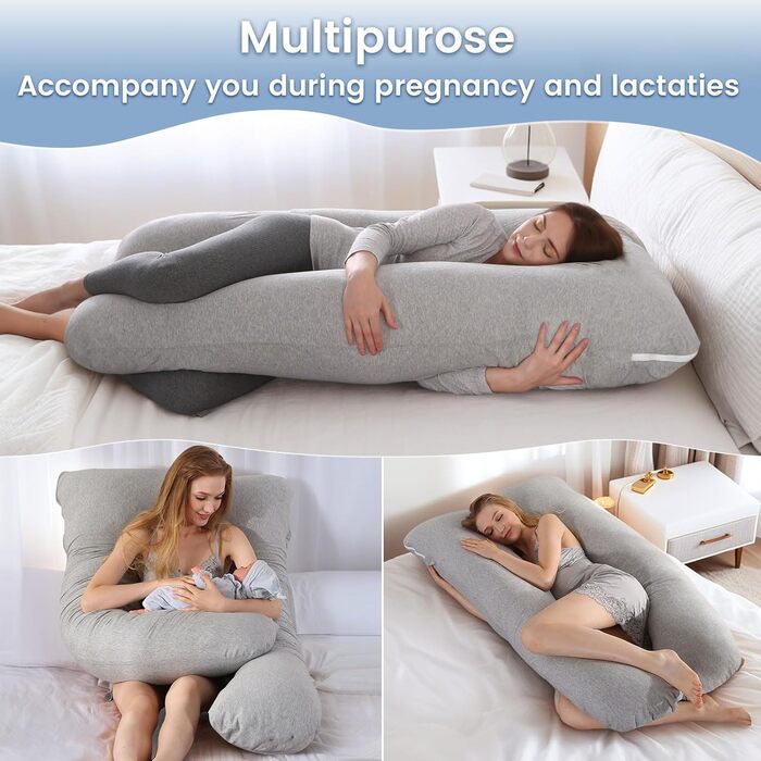 Подушка для вагітних SHANNA U-подібної форми, подушка для сну на боці, подушка для годування, з м'якою обтягуючою тканиною Minky Dot, велика подушка для сну, комфортна подушка для дорослих, подушка для тіла (бавовна, в'язана світло-сіра, U-подібна форма -