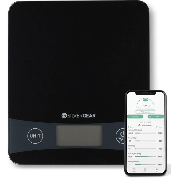 Кухонні ваги Silvergear® Digital з підключенням до App до 5 кг | Електронні кухонні ваги з функцією тарування | Цифрові ваги з підрахунком калорій | Точне вимірювання до 0,1 г | Підсвічений LCD-дисплей | Чорний