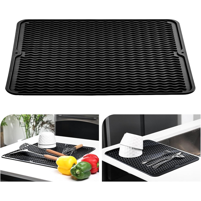 Килимок для сушіння посуду KitchenRaku 40x60 см, чорний - силіконовий, термостійкий, антиковзний килимок для мийки та столу